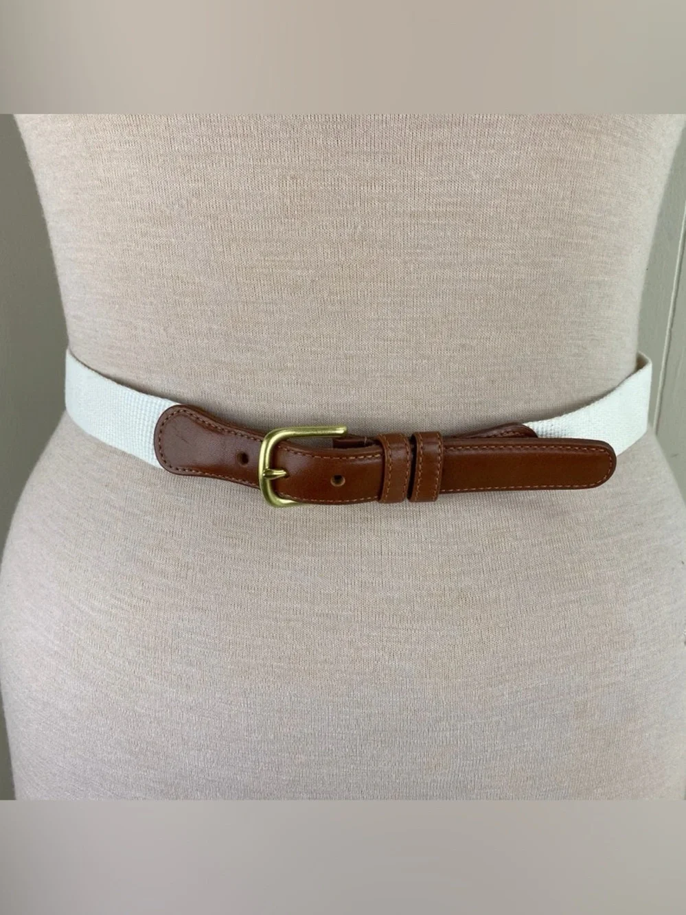 Vintage COACH Sz 36” Natural LINEN Belt Brown Leather and Brass Buckle